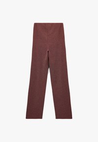 Weite Hose aus strukturiertem burgunderfarbenem Stoff, mit hoher Taille und glatter Oberfläche, ohne sichtbare Verschlüsse oder Taschen.