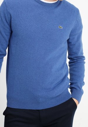 Person iført en blå langærmet sweater med et lille grønt krokodillelogo på brystet, kombineret med sorte bukser.
