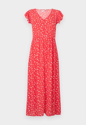 Červené kvetinové maxi šaty s krátkymi volánovými rukávmi, výstrihom do V, zapínaním na gombíky vpredu a priliehavým pásom, ktorý prechádza do rozšírenej sukne.