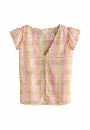 Kortærmet pink og gul ternet bluse med dyb V-hals og små stofbetrukne knapper ned foran.