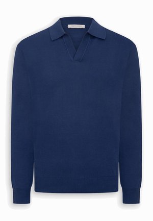 Granatowy, długi sweter z dzianiny z długim rękawem, otwartym kołnierzem oraz prążkowanymi mankietami i dołem, z metką "DAN JOHN".