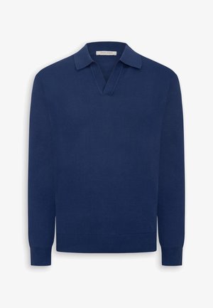 Suéter de punto de manga larga color azul marino con cuello abierto y puños y dobladillo acanalados, etiqueta que dice "DAN JOHN".