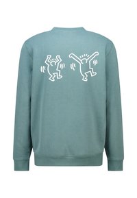 Light blue sweatshirt with two white outlined dancing human figures on the back, arms raised and lines indicating movement.
