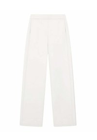 Pantaloni a gamba larga in tessuto bianco, caratterizzati da una texture liscia, vita elastica e tasche laterali per utilità e comfort.