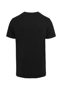 Sort bomulds T-shirt med rund halsudskæring og korte ærmer. Bagsiden er ensfarvet uden grafik eller mønstre, og den har en normal pasform og en glat tekstur.