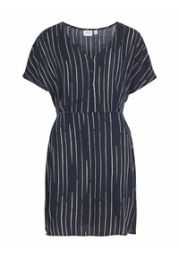 Löydönsininen mekko, jossa on pystysuoria valkoisia raitoja, lyhyet hihat, V-pääntie ja nappidetailit edessä, valmistettu kevyestä kankaasta.