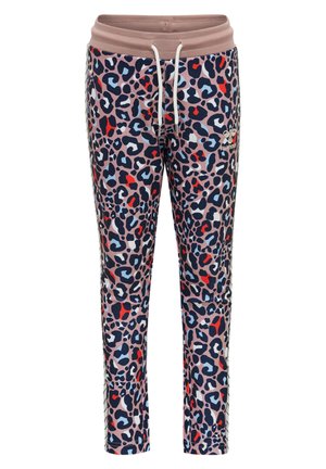 Roze joggingbroeken met luipaardprint, met een elastische tailleband, een trekkoord en contrasterende kleuren van blauwe en rode accenten.