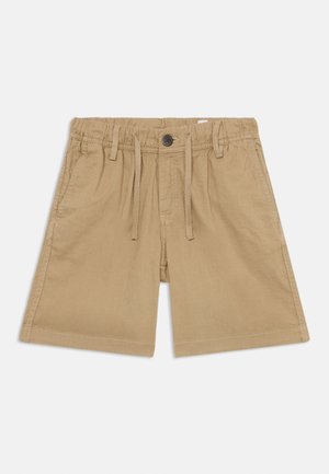 Sardas caqui de algodão, com um cós elástico, cordão de aperto, fecho de botão e bolsos laterais. Textura suave, corte descontraído.