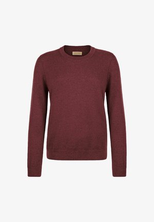 Burgundy stickad tröja med rund krage, långa ärmar och ribbade manschetter och fåll. Tillverkad av mjukt material för komfort och värme.