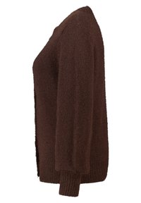 Cardigan marron duveteux à manches longues, avec un col rond et des poignets côtelés. Texture douce et coupe décontractée, idéal pour superposer.