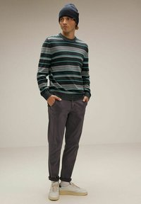 Gestreepte trui in donkergrijs en teal, gecombineerd met grijze pantalons en witte sneakers. Het model draagt een donker gebreide beanie. Minimalistische achtergrond.