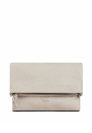 Textured light beige leather clutch with a fold-over design and a zippered pocket at the base. Subtle logo embossed on the front.