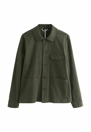 Olive green button-up jacket with a collar, one buttoned chest pocket, and two lower front pockets.