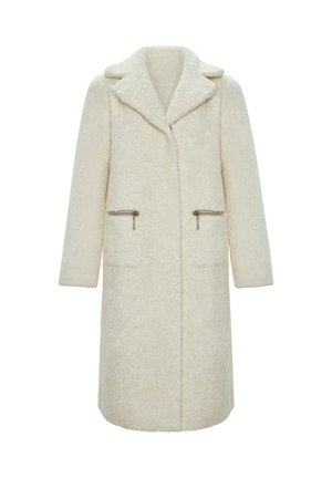 Long cream-colored wool coat with wide lapels, long sleeves, and two front zippered pockets.