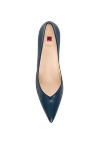 Navy leather high heel with a pointed toe and low v-cut front. Interior features a light tan lining, with a small red logo accent.