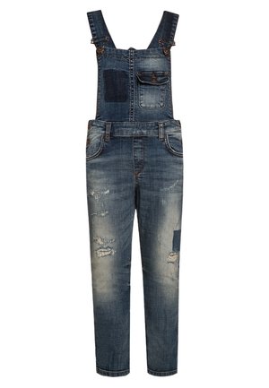 Denimoveralls i mørkeblå med lysere falmning, slidte pletter, justerbare stropper og detaljer med frontlomme. Midtstående talje, tilspidsede ben.