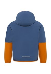 Giacca con cappuccio blu e arancione, con polsini elasticizzati, texture liscia, accentuazione riflettente sul retro e un design semplice e funzionale.