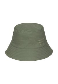 Olivgrüner Bucket Hat aus Stoff, mit breiter Krempe, genähten Details und bedrucktem Text an der Seite.