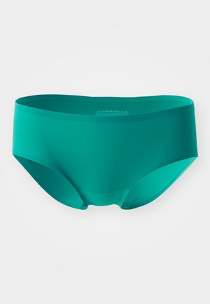 Turquoise hipster underwear made of smooth fabric, featuring a seamless design with a wide waistband and no visible stitching.
