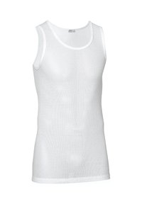 Hvid tanktop med ribbet struktur, der har en rund halsudskæring og brede skulderstropper. Materialet ser let og åndbart ud.