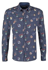 Camicia button-up in tessuto navy con un motivo giocoso di volti colorati e testo. Colletto standard e maniche lunghe.