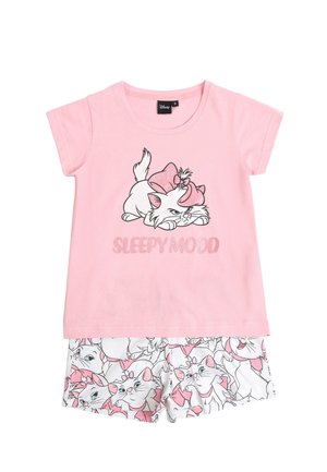 Top rosa de manga corta con un gato blanco que lleva un lazo rosa y el texto "Estado de sueño", combinado con pantalones cortos blancos estampados con el mismo gato.