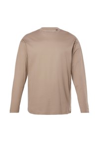 Beige long-sleeve shirt made of soft fabric. Features a crew neck and relaxed fit with straight hem. Plain design, no patterns or accents.