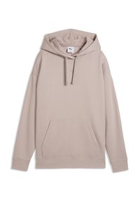 Sweat à capuche beige clair avec poche avant, capuche à cordon, manches longues et petit logo Puma sur la poitrine, juste en dessous de l'encolure.