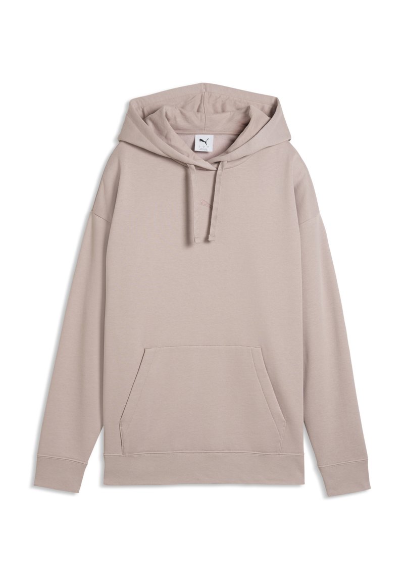 Sweat à capuche beige clair avec poche avant, capuche à cordon, manches longues et petit logo Puma sur la poitrine, juste en dessous de l'encolure.