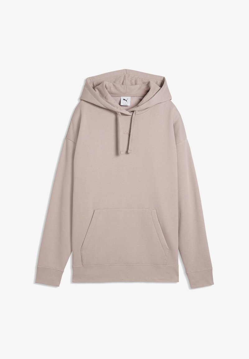 Sweat à capuche beige clair avec poche avant, capuche à cordon, manches longues et petit logo Puma sur la poitrine, juste en dessous de l'encolure.