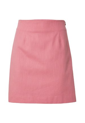 Pink A-line skirt with vertical texture, mid-rise waist, and a concealed side zipper. Smooth fabric and minimalist design.
