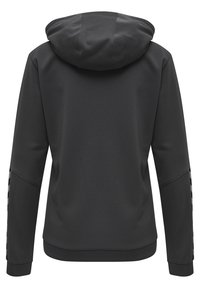 Felpa nera con un motivo testurizzato, presenta un cappuccio, maniche lunghe e strisce in contrasto sui polsini. Design semplice e funzionale.