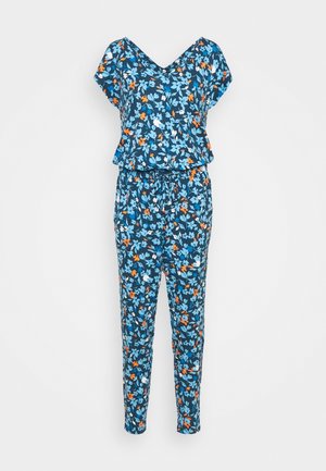 Kwiatowy kombinezon z krótkimi rękawami i dekoltem w kształcie V. Ciemnoniebieska baza z jasnoniebieskimi, białymi i pomarańczowymi kwiatami. Elastyczny pas dla komfortu.
