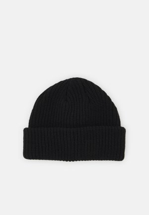 Black knitted beanie with a ribbed texture and folded cuff. Made from a soft material, featuring a rounded top shape.