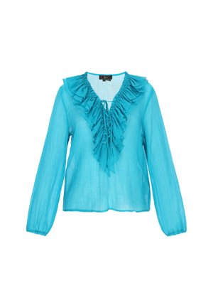 Turquoise blouse van doorschijnende stof, met een rimpelende V-hals, lange mouwen met elastische manchetten en een relaxte pasvorm.