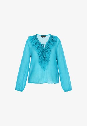 Bluză turcoaz din material transparent, cu decolteu în V cu volane, mâneci lungi cu manșete elastice și croială lejeră.