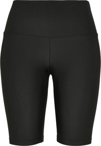 Shorts de cycliste noirs côtelés à taille haute en tissu extensible, s'étendant jusqu'à mi-cuisse avec une coupe lisse et ajustée.