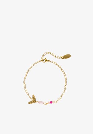 Finom arany lánc karkötő kapoccsal, kis arany levél medállal és három különböző árnyalatú és méretű rózsaszín gyönggyel.