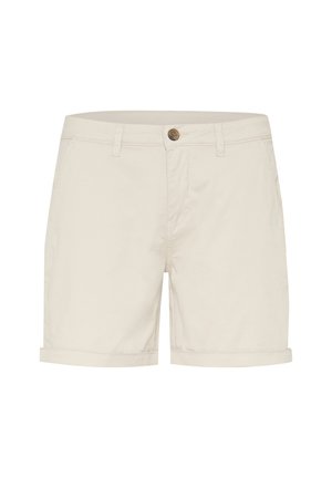 Shorts en coton beige clair avec une fermeture à bouton, des revers pliés et des poches latérales. Texture lisse et design ajusté pour le confort.