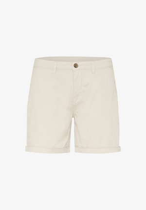 Ljusbeige bomullsshorts med knappknäppning, vikta fållar och sidofickor. Slät textur och skräddarsydd design för komfort.