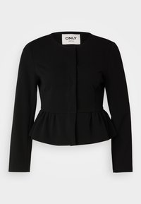 Veste noire à manches longues avec un basque, col rond, dotée d'une fermeture avant, confectionnée en tissu lisse, avec une partie supérieure cintrée et une partie inférieure évasée.