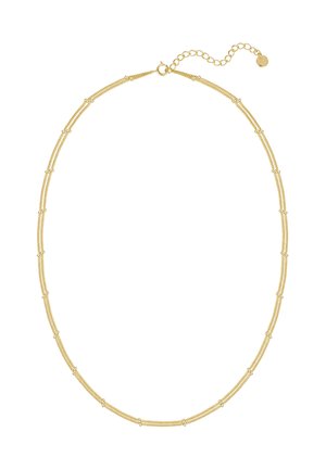 Halskette in Goldtönung mit einem zarten Design, das abwechselnd glatte und strukturierte Glieder zeigt, verstellbarer Kettenverschluss mit einem kleinen runden Anhänger.