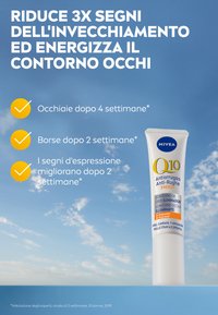 Crema per gli occhi Nivea Q10 Anti-Wrinkle Energy in un tubetto bianco con accenti blu e arancione, caratterizzata da un design semplice e da etichette chiare.
