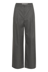 Gray wide-leg trousers made of textured fabric, featuring a high waist and front pleats, with no visible pockets or hardware details.