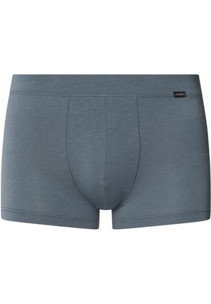 Boxerské šortky v tlumené modro-šedé barvě vyrobené z hladkého, lehkého materiálu. Mají tvarující kapsu a jednoduché švy.