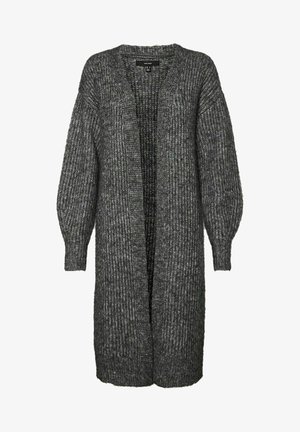 Langer grauer Cardigan aus geripptem Strickstoff. Er verfügt über einen tiefen V-Ausschnitt, ein offenes Vorderteil und weite Ärmel.