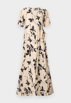 Beiges Wickelkleid mit kurzen Ärmeln, schwarzem Blumenmuster, V-Ausschnitt und seitlicher Schleife an der Taille.