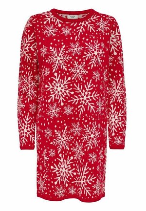Abito a maglia rosso con motivo fiocco di neve in bianco, scollatura rotonda, maniche lunghe e vestibilità comoda. Texture a maglia con design uniforme.