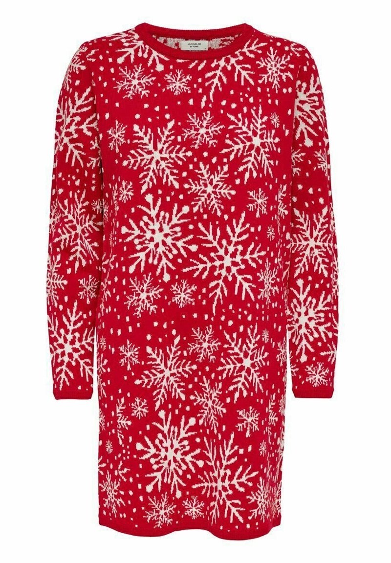 Röd klänning med snöflingemönster i vitt, rund halsringning, långa ärmar och en avslappnad passform. Stickad textur med ett enhetligt mönster.