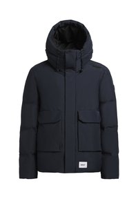 Granatowa pikowana kurtka z wysokim kołnierzem, regulowanym kapturem, dwoma przednimi kieszeniami oraz małą naszywką z logo przy pasku. Gładka, ocieplana tkanina.